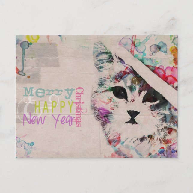 Carte postale Joyeux Noël Chat Aquarelle (Devant)