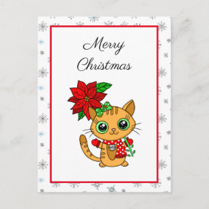Carte Postale Joyeux Noël   Chat orange avec Poinsettia