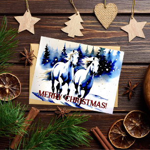 Carte Postale Joyeux Noël chevaux blancs aquarelle salutations