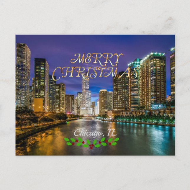 Carte Postale Joyeux Noël, Chicago River au coucher du soleil (Devant)