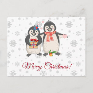 Carte Postale Joyeux Noël Couple de Manchots Mignons
