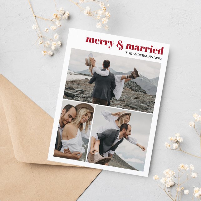 Carte Postale Joyeux Noël de jeunes mariés & Mariés Album photo  (Merry & Married Photo Collage Christmas Card)