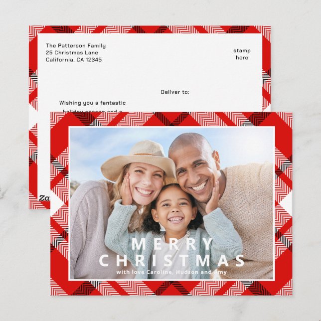Carte Postale Joyeux Noël Elégant Rouge Plaid Photo Holiday (Devant / Derrière)