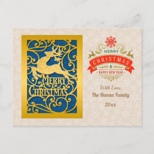 Carte Postale Joyeux Noël en or & Bonne Année & Flocon de neige