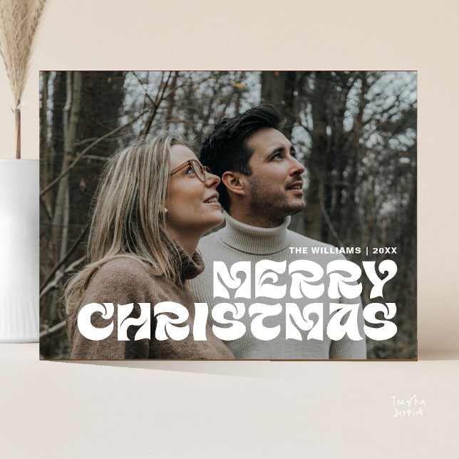 Carte Postale Joyeux Noël Famille Photo, Élégant Chic élégant (Stylish Elegant, Merry Christmas Family Photo Chic Postcard in Romantic Black White Beige)