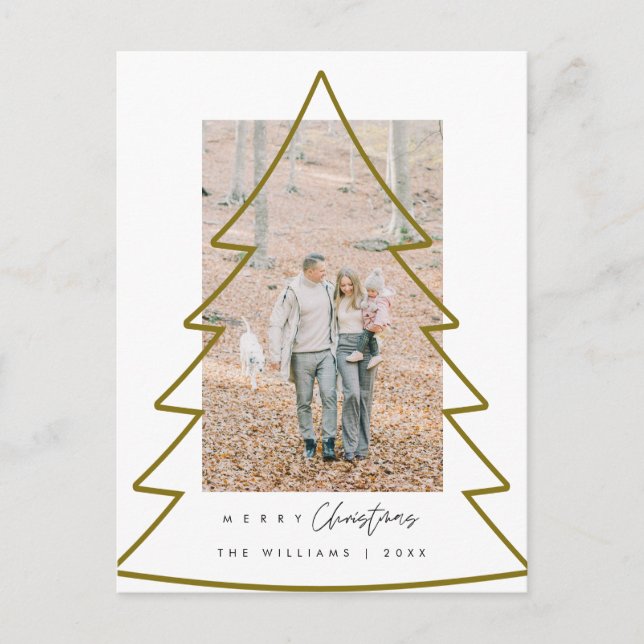 Carte Postale Joyeux Noël Famille Photo, Gold Xmas Arbre Cadre (Devant)