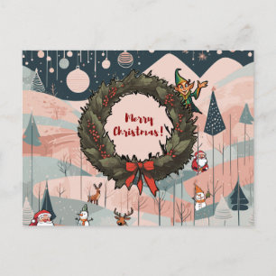 Carte Postale Joyeux Noël Fantaisiste avec Couronne de Fête