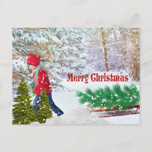 Carte Postale Joyeux Noël garçon avec traîneau de vacances