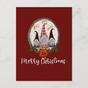 Carte Postale Joyeux Noël Gnomes Rouge, Rustique, Carreaux, Tend