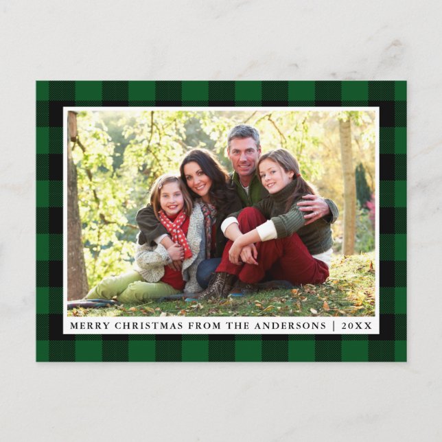 Carte Postale Joyeux Noël Green Plaid Photo de famille (Devant)