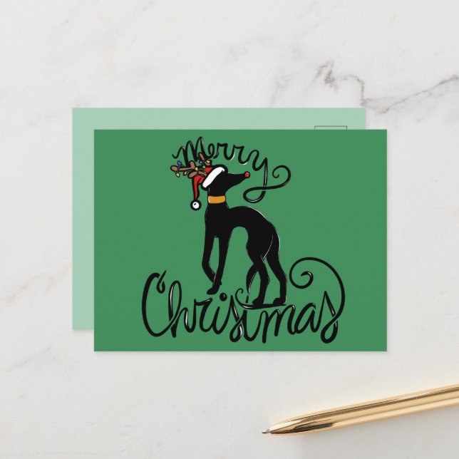 Carte Postale Joyeux Noël Greyhound Reindeer (Devant/Arrière en situation)