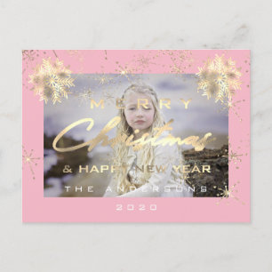 Carte Postale Joyeux Noël Joyeux Nouvel An Neige Or rose Photo