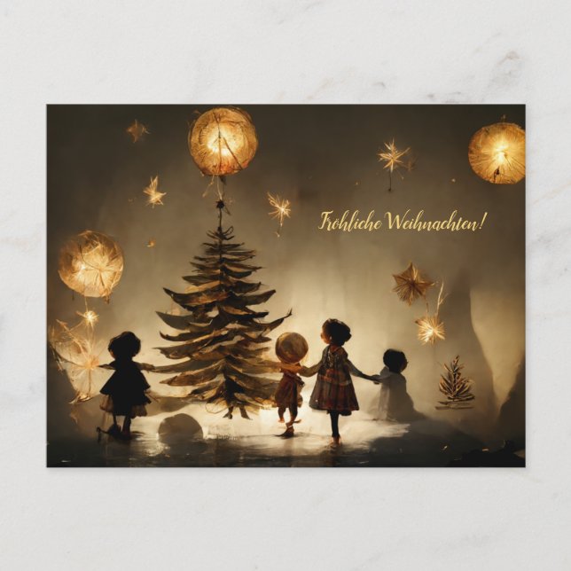 Carte Postale Joyeux Noël. Les enfants dansent autour d'un arbre (Devant)