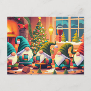 Carte Postale Joyeux Noël, les gnomes boivent des boissons de No