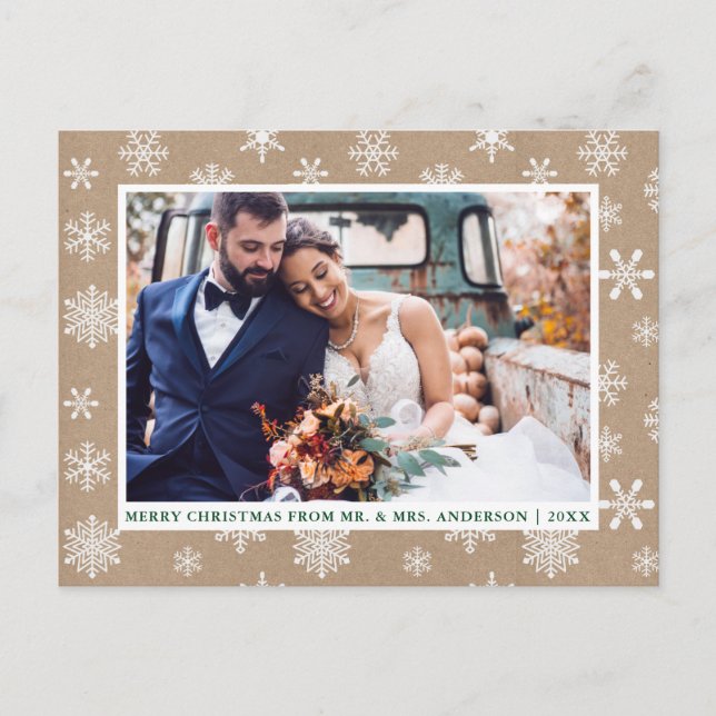 Carte Postale Joyeux Noël Mariage Photo Flocons Kraft (Devant)