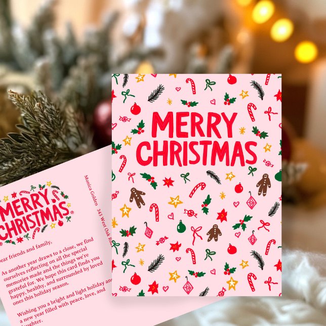Carte Postale JOYEUX NOËL Mignonne Doodle Whimsical PERSONNALISÉ (MERRY CHRISTMAS Cute Doodle Whimsical CUSTOM Holiday Pink Postcard
)