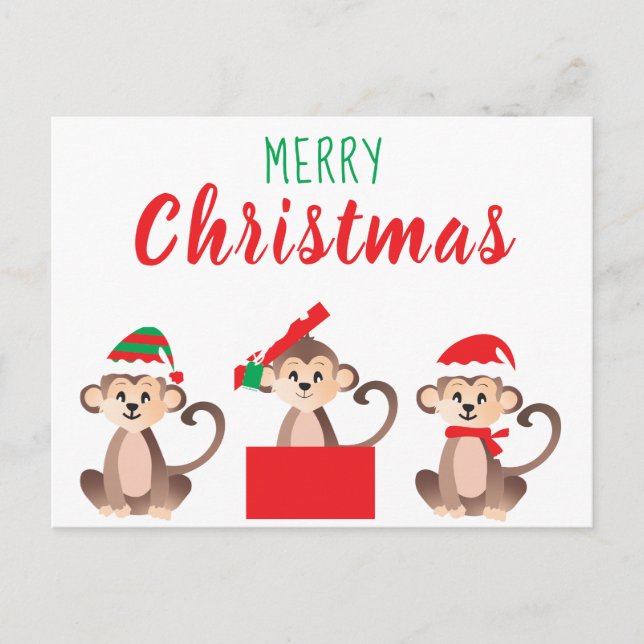 Carte Postale Joyeux Noël Mignons singes Casquettes de Noël (Devant)