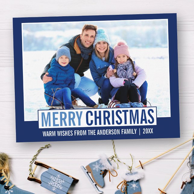 Carte Postale Joyeux Noël moderne Photo de famille bleu (Customize to change your personalized text size or text style.)