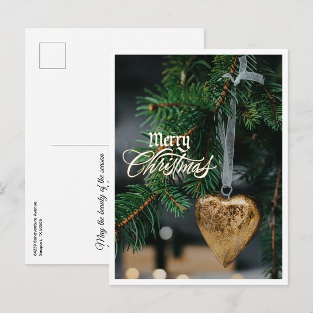 Carte Postale Joyeux Noël Or Coeur Arbre Ornement (Devant / Derrière)