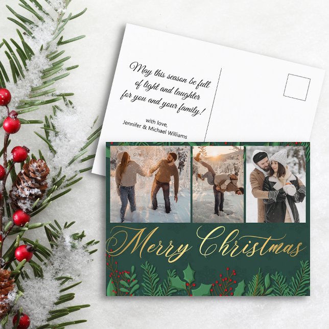 Carte Postale joyeux noël or vert 3 photo collage couple (Créateur téléchargé)