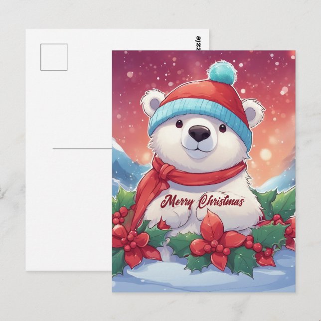 Carte Postale Joyeux Noël Ours polaire blanc (Devant / Derrière)