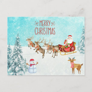 Carte Postale Joyeux Noël Père Noël, Snowman, Reindeer, Forêt