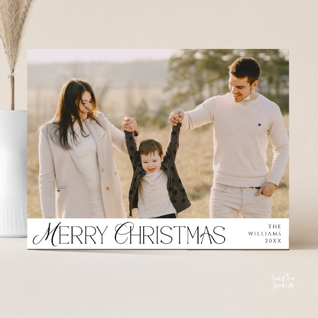 Carte Postale Joyeux Noël Photo de Famille, Élégance Moderne (Merry Christmas Family Photo, Modern Elegant Postcard in Black and White)