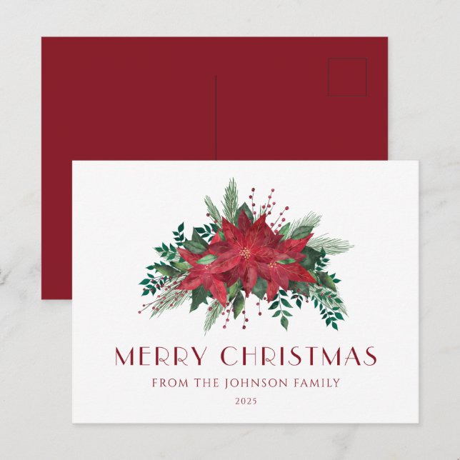Carte Postale Joyeux Noël poinsettia floral écriture élégante (Devant / Derrière)