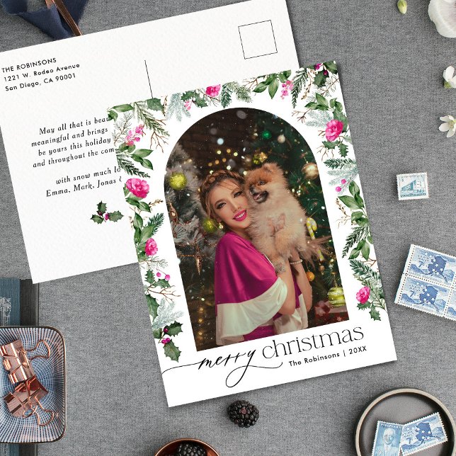 Carte Postale Joyeux Noël rose Arc Botanique Photo Holiday (Créateur téléchargé)