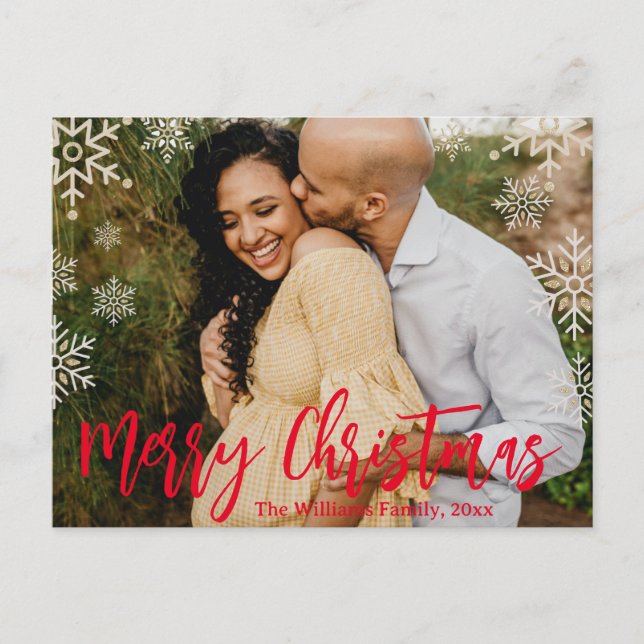 Carte Postale joyeux Noël rouge écriture manuscrite snowflakes p (Devant)