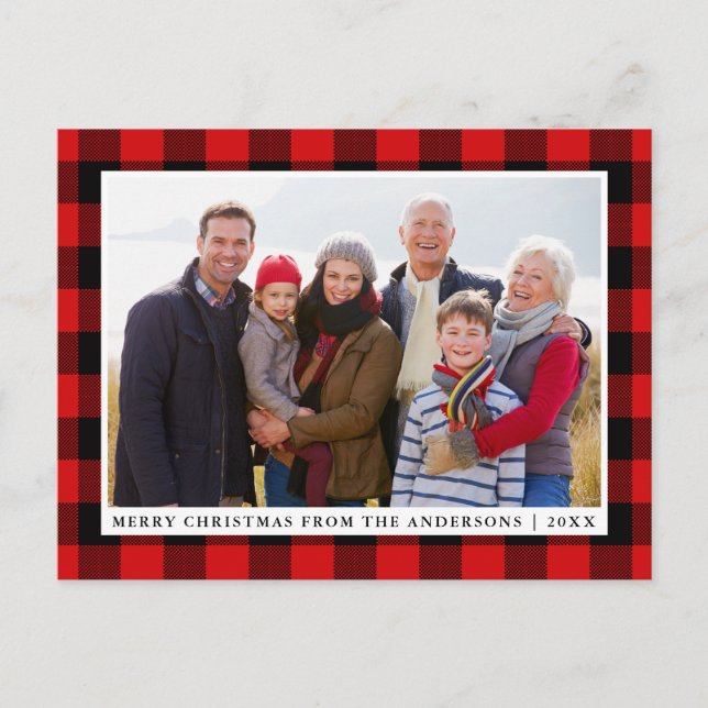 Carte Postale Joyeux Noël Rouge Plaid Photo de famille (Devant)