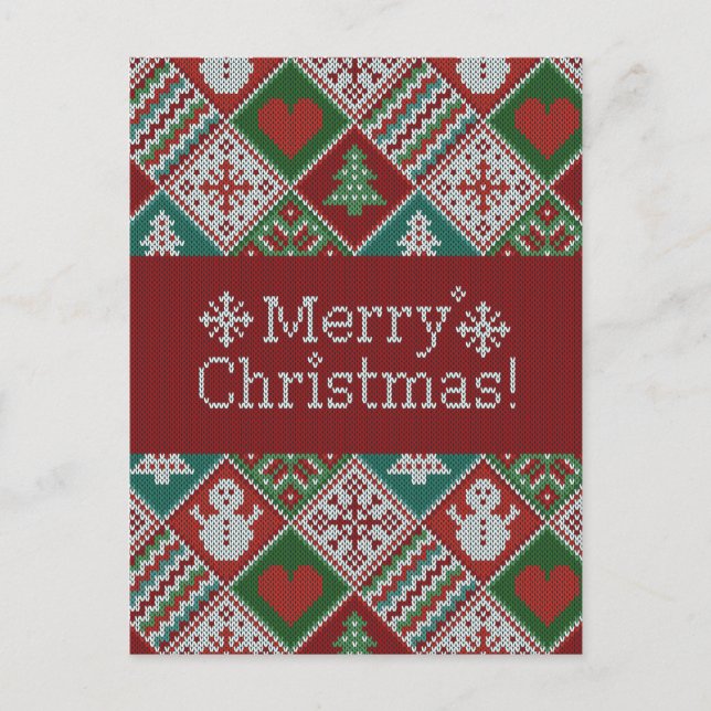 Carte Postale Joyeux Noël Rouge Vert Blanc Faux Knit Motif (Devant)