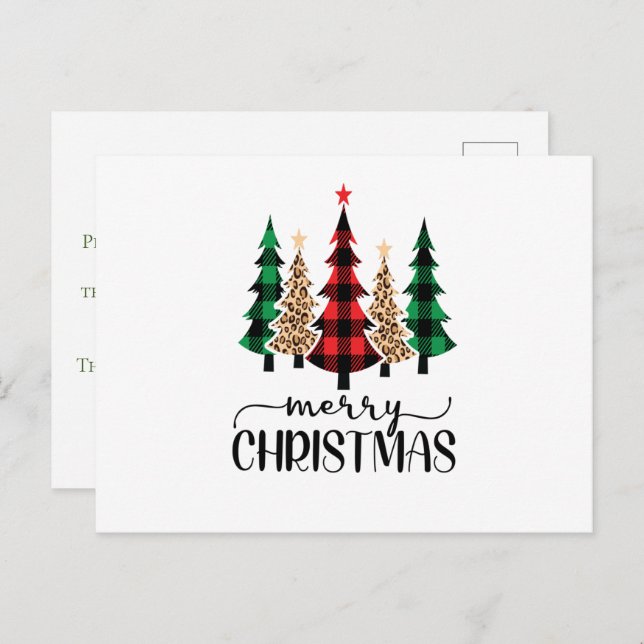 Carte Postale Joyeux Noël Rouge Vert et Noir Plaid Arbres (Devant / Derrière)
