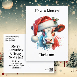 Carte Postale Joyeux Noël   Vache drôle avec un chapeau de Père 