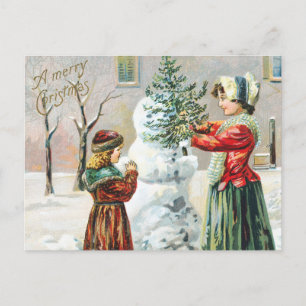 Carte Postale Joyeux Noël Victorian Family et Snowman