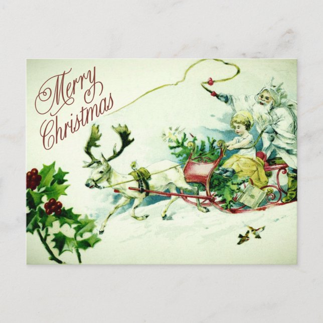 Carte Postale Joyeux Noël vintage Père Noël Sleigh Reindeer (Devant)