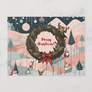Carte Postale Joyeux Noël Whimsical avec couronne de fleurs