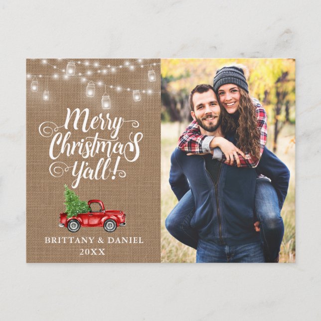 Carte Postale Joyeux Noël Y'all Lights Burlap Camion Photo (Devant)