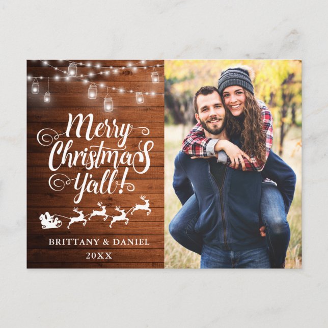 Carte Postale Joyeux Noël Y'all Lights Wood Couple Photo (Devant)