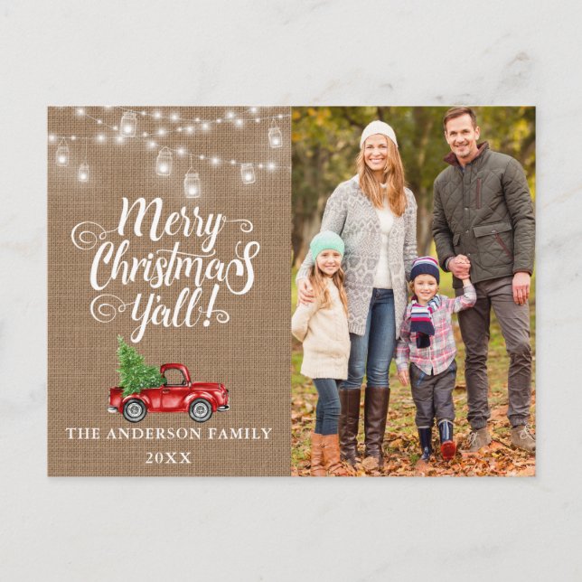 Carte Postale Joyeux Noël Y'all Lumières photo Burlap Camion (Devant)