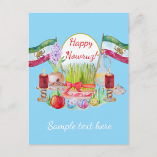 Carte Postale Joyeux Norooz Haft Sin avec des drapeaux Lion et S