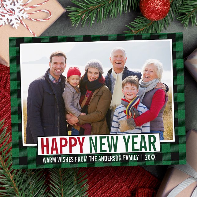 Carte Postale Joyeux Nouvel An Moderne Photo Green Plaid (Customize to change your personalized text size or text style.)