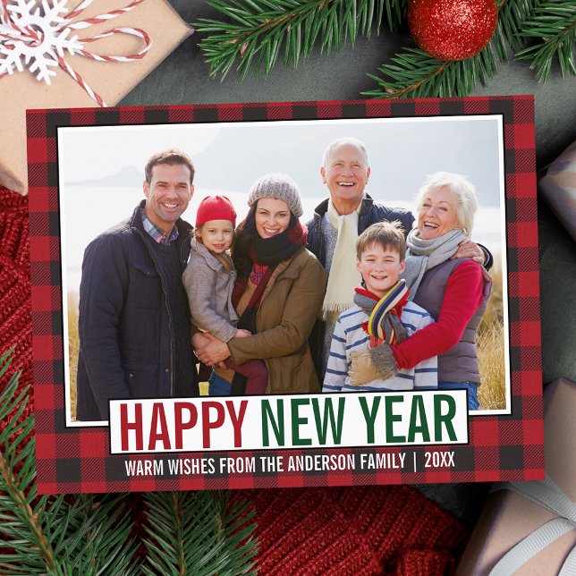Carte Postale Joyeux Nouvel An Moderne Photo Rouge Plaid (Customize to change your personalized text size or text style.)