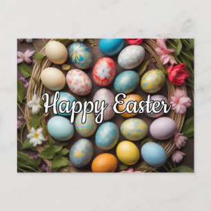 Carte Postale Joyeux Oeufs de Pâques colorés et fleurs de printe