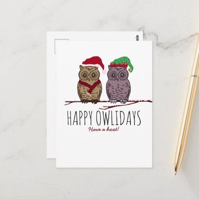 Carte Postale Joyeux Owlidays, Festive (Devant/Arrière en situation)