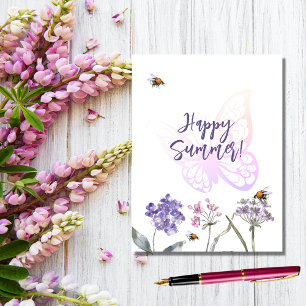 Carte Postale Joyeux papillon d'été violet fleur sauvage rose