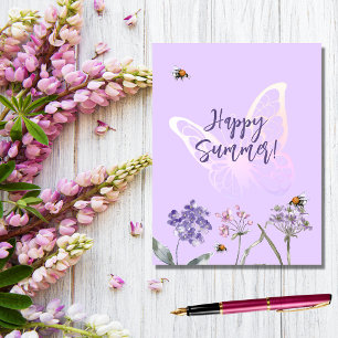 Carte Postale Joyeux papillon d'été violet fleur sauvage rose