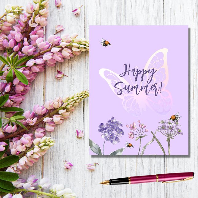 Carte Postale Joyeux papillon d'été violet fleur sauvage rose (Créateur téléchargé)