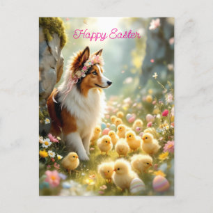 Carte Postale Joyeux Pâques Collie et les poussins