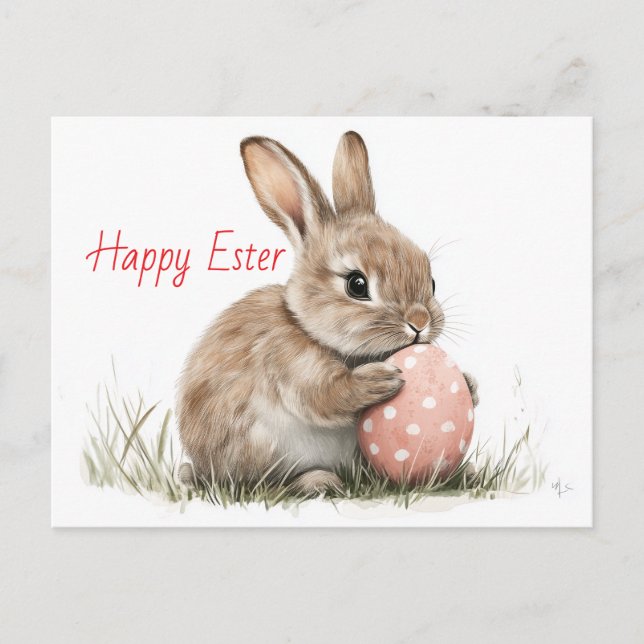Carte Postale Joyeux Pâques - Drôle lapin avec Oeuf délice (Devant)